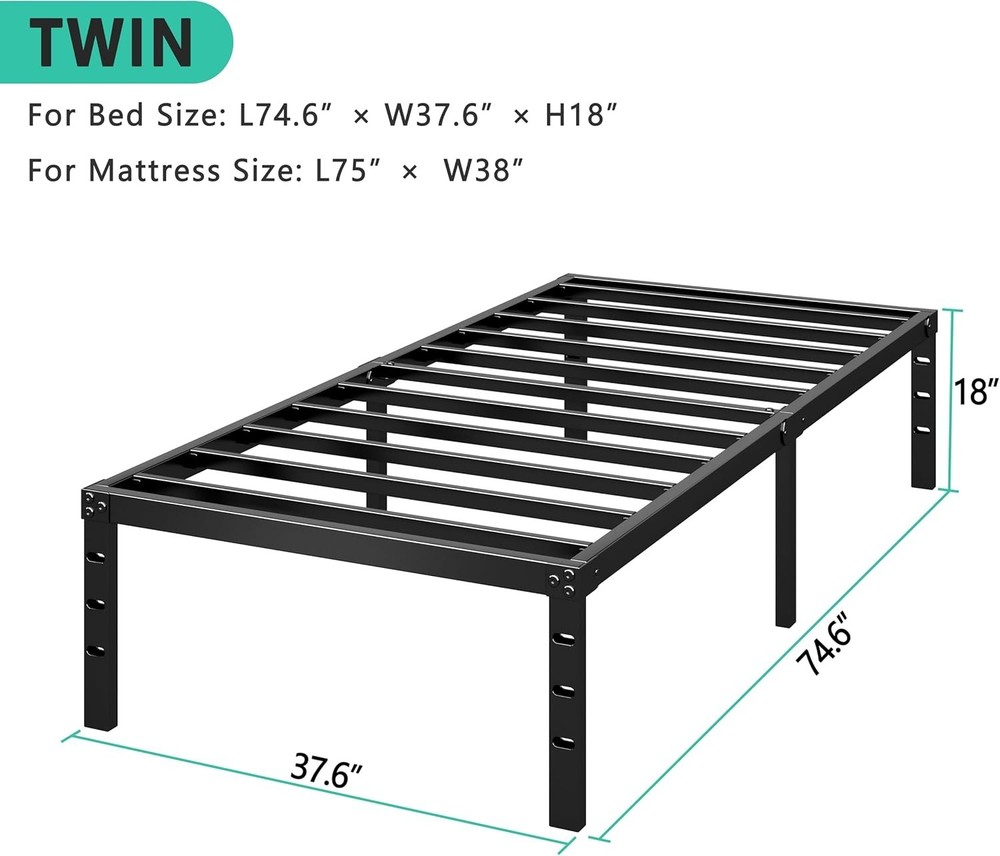 Twin Bed Frame 18" Height, Squeak Resistant, Under-Bed Storage, Black