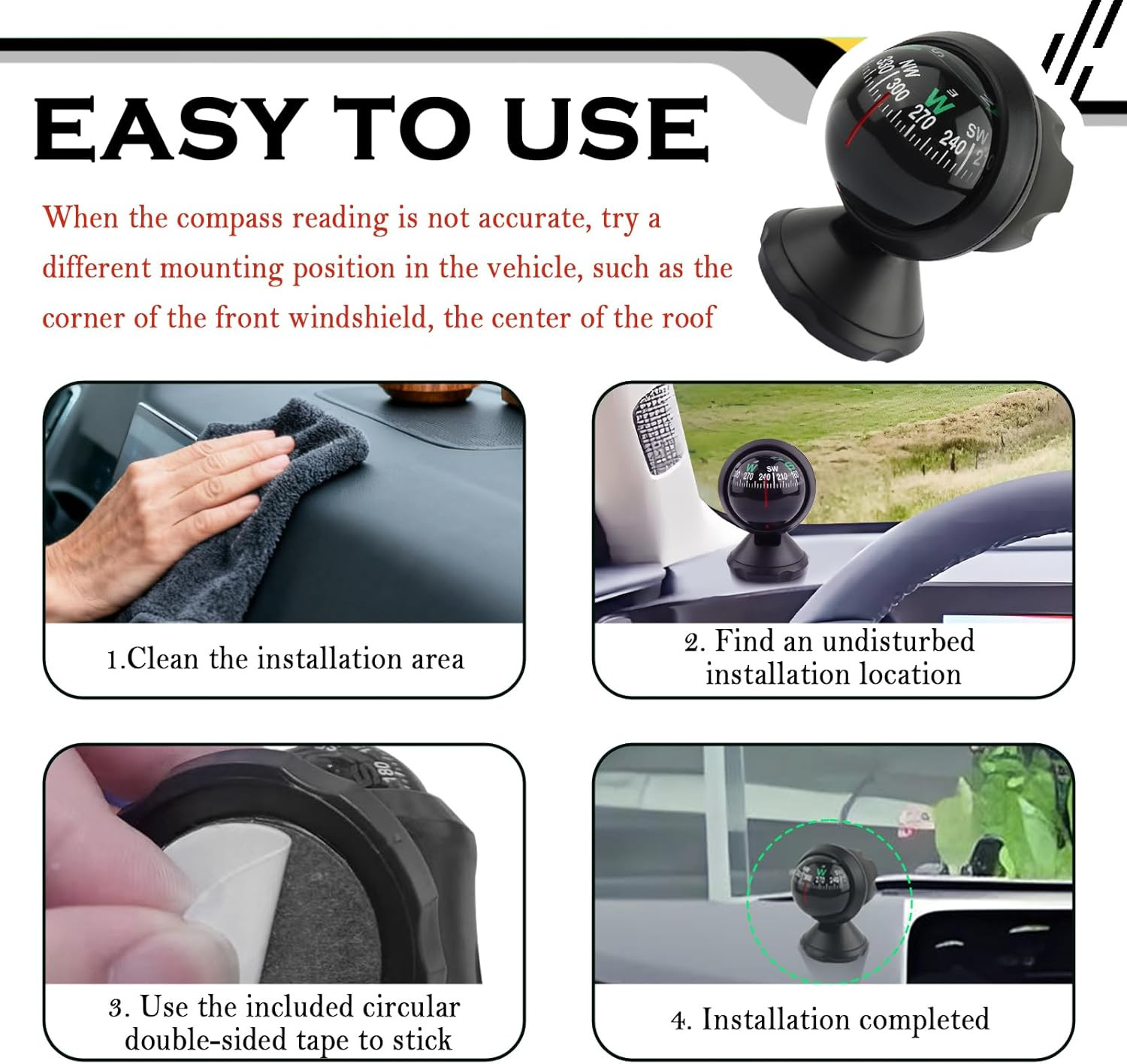 Compass for Car with Bottom Stick Car Compass Ball,Adjustible and Night Vision C