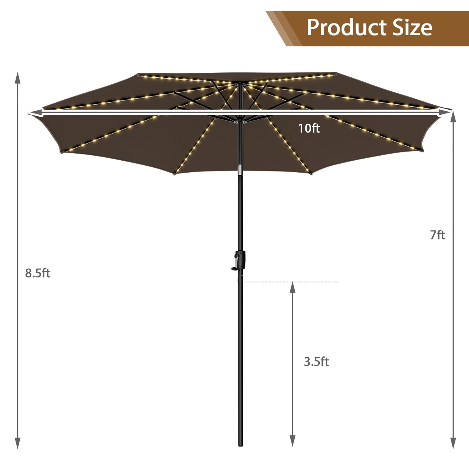 10FT Solar Patio Umbrella 112 LED Lighted Umbrella Table Market Umbrella Coffee