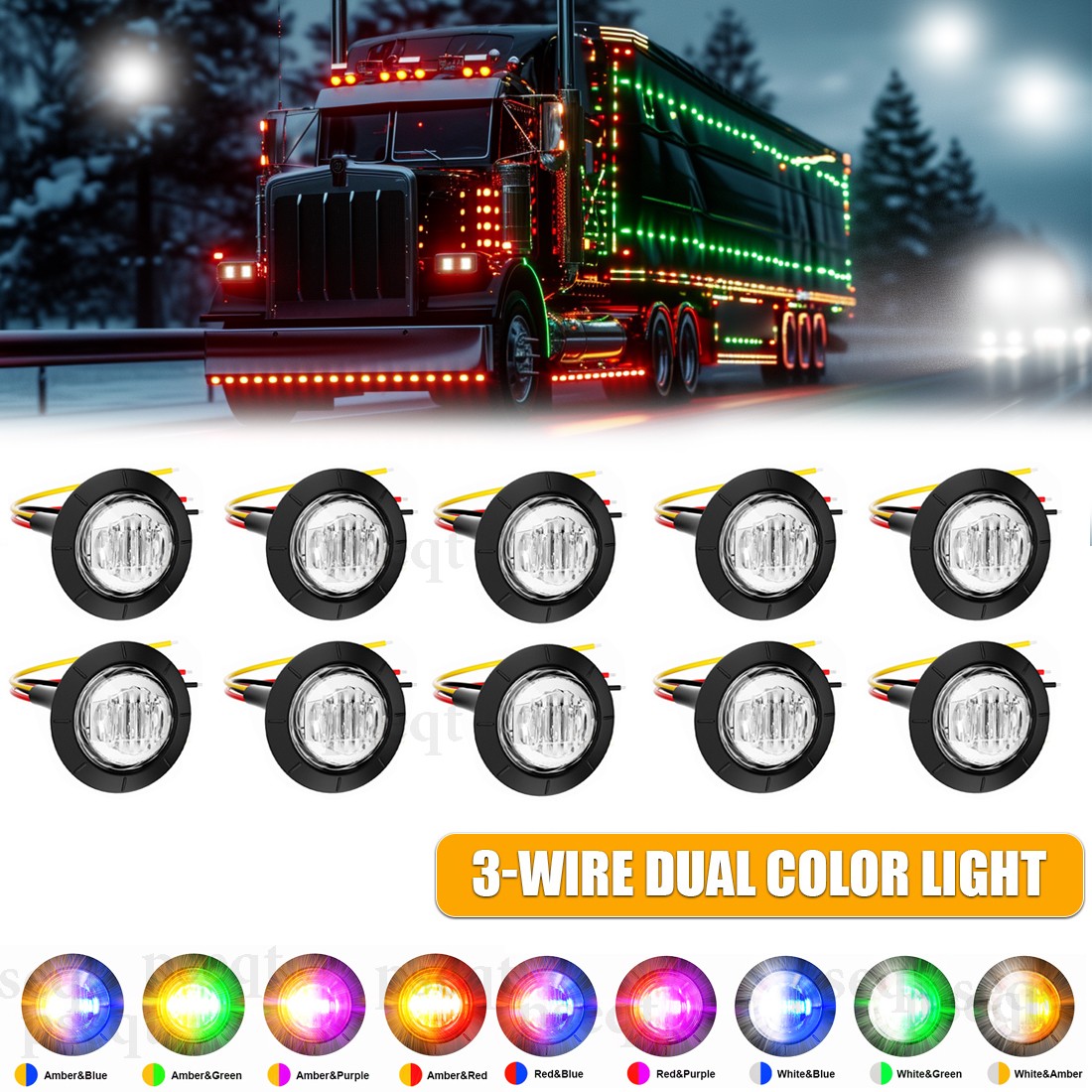 ​3/4" Round Dual Color LED Bullet Lights Side Marker Light for Trailer Truck 12V