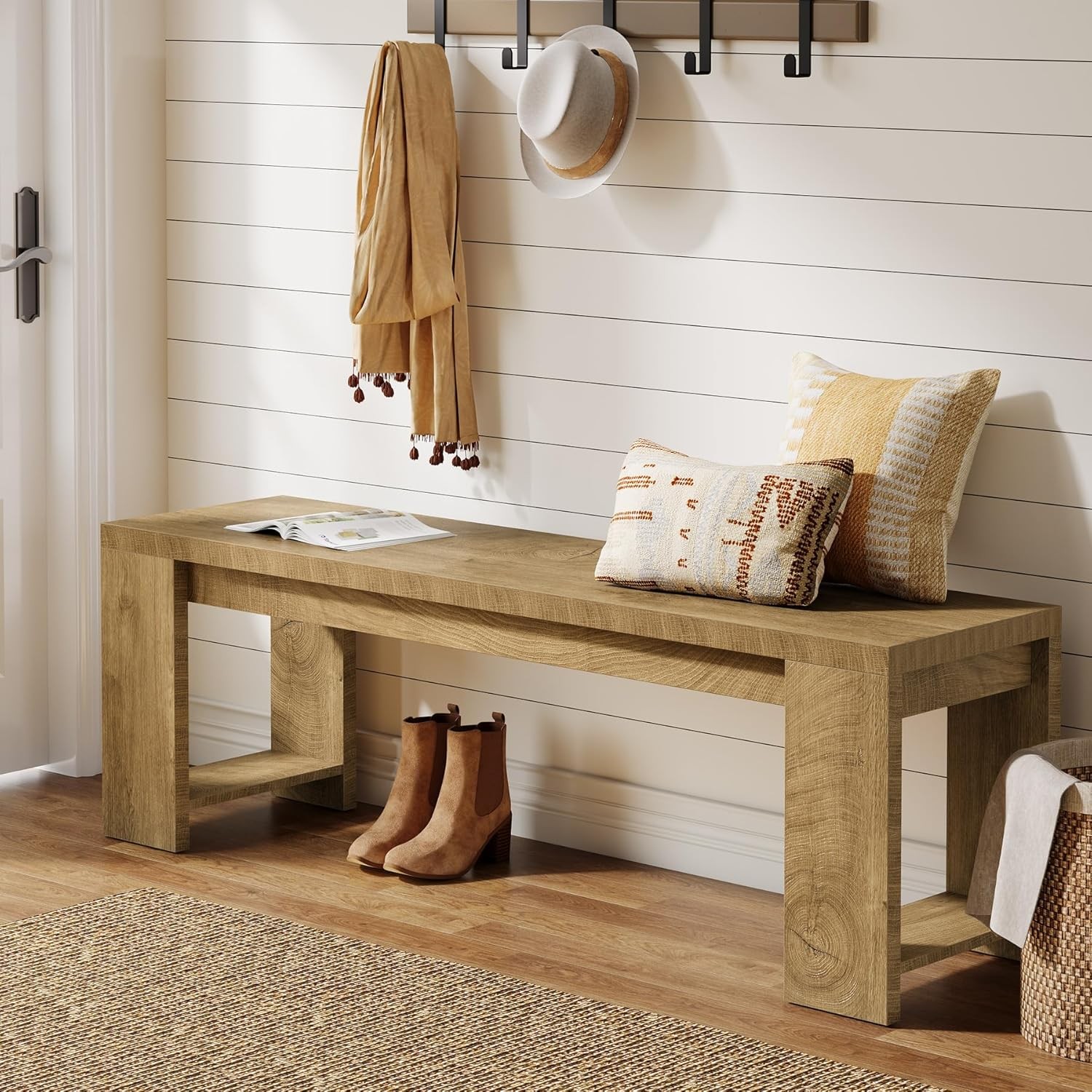 47.2-Inch Wooden Entryway Bench, Modern Farmhouse Shoe Bench for Hallway, Foyer