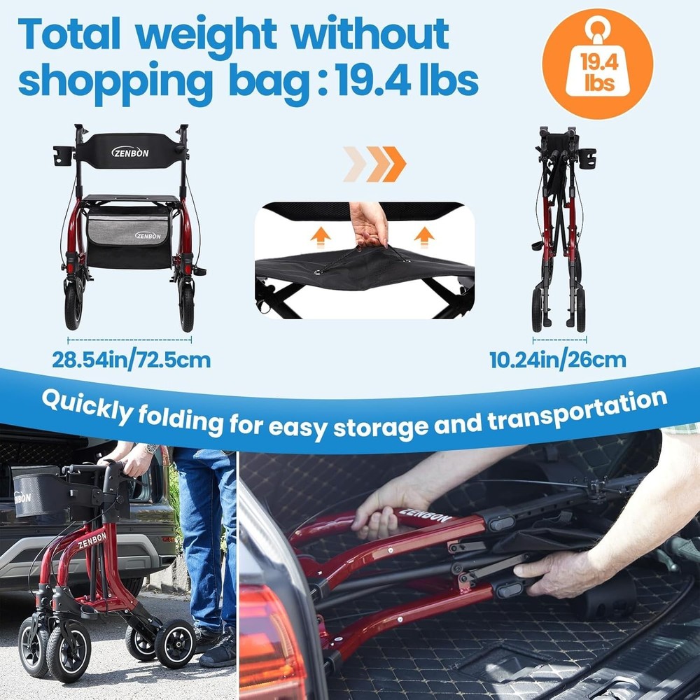 Foldable Rollator Walker with Seat 330lb Aluminum 10in Wheels Adjustable Red
