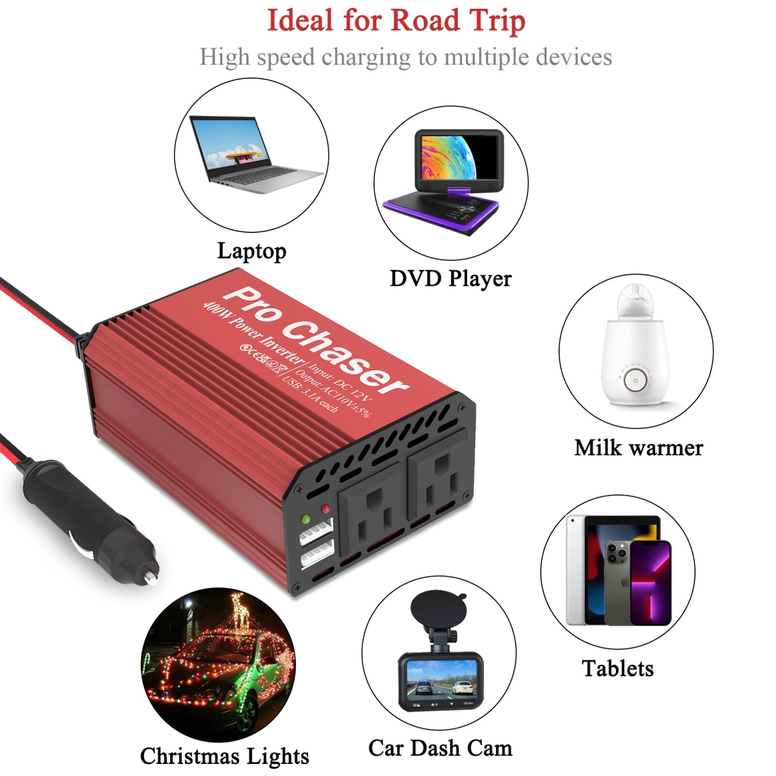 400W Power Inverters for Vehicles - DC 12v to 110v AC Car Inverter Converter