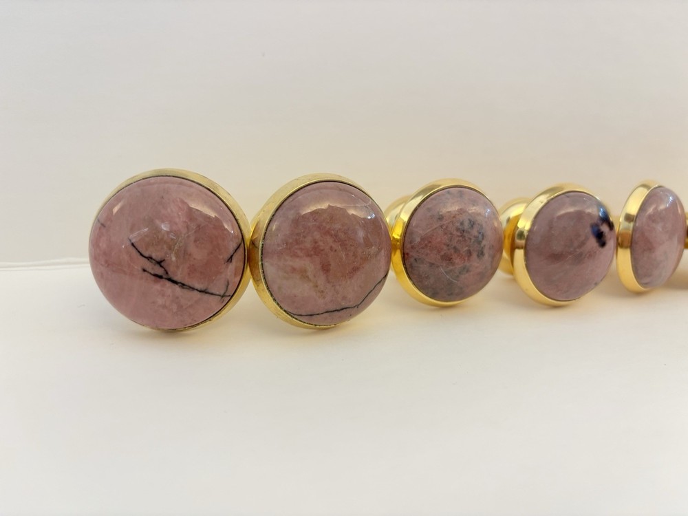 Pink Stone Brass Cabinet Knobs Rhodonite Style Drawer Pulls Vintage NOS