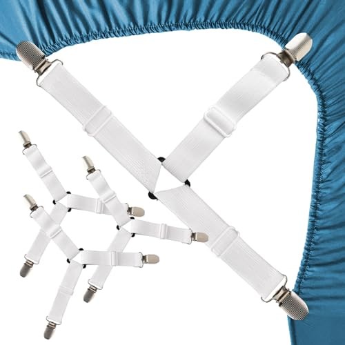Bed Sheet Straps, 4-Pack Adjustable Bed Sheet Clips - Easy Install 4 Pack White