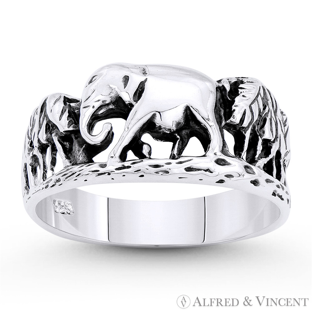 Forest Elephant Charm Animal Totem Band Solid 925 Sterling Silver Statement Ring