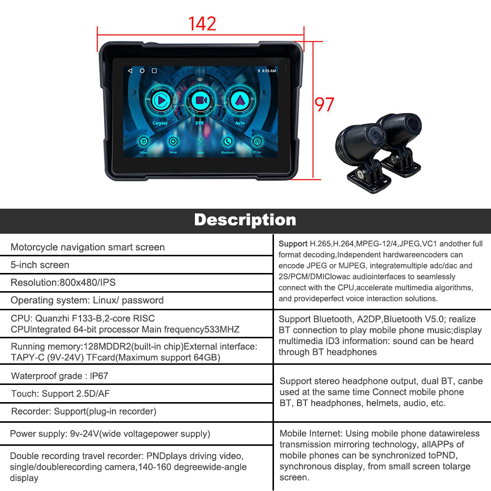 5Inch Linux System Motorcycle Navigator Buildin Carplay&Android Auto WaterProof