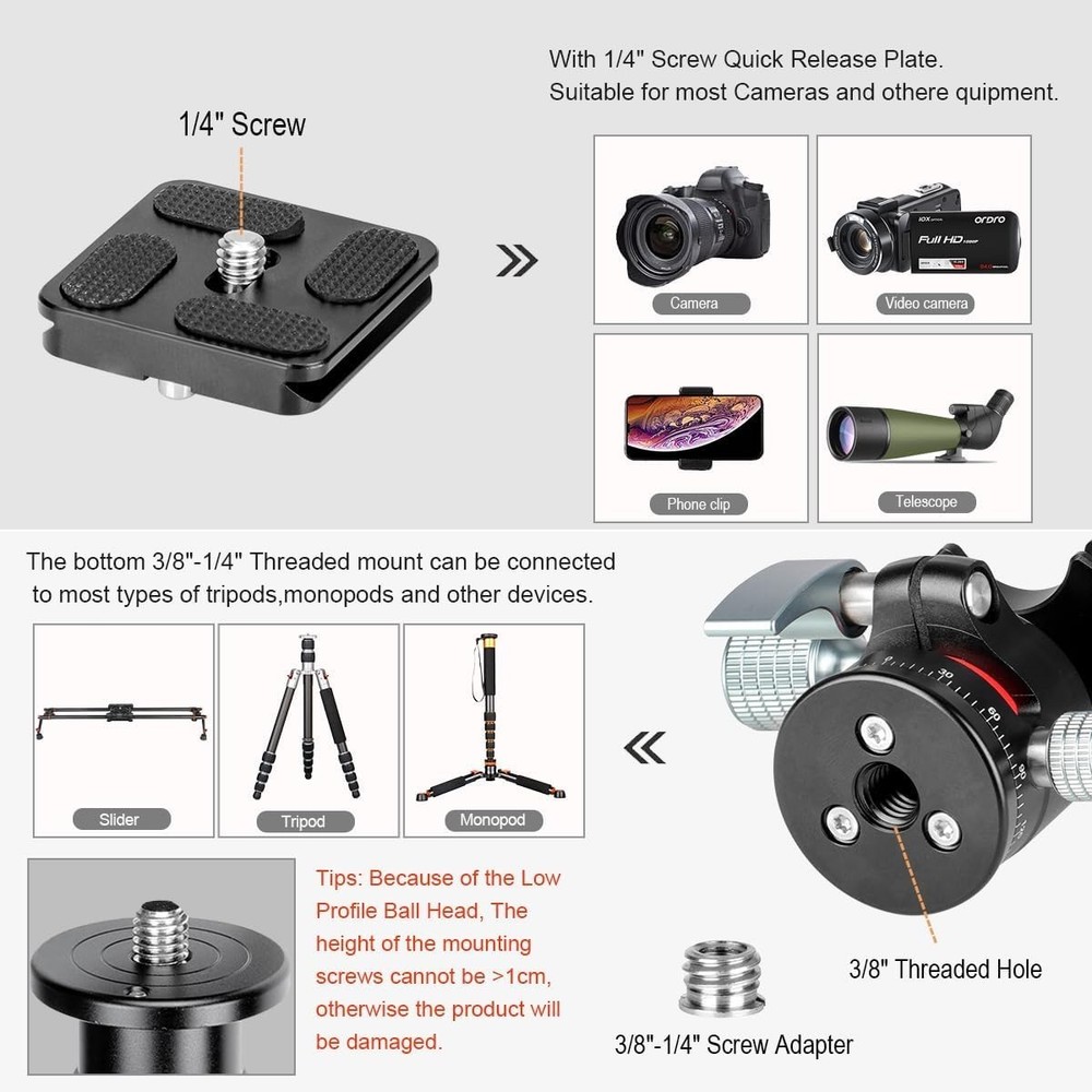360° Panoramic Ball Head + Quick Release Plate for DSLR Camera Tripod