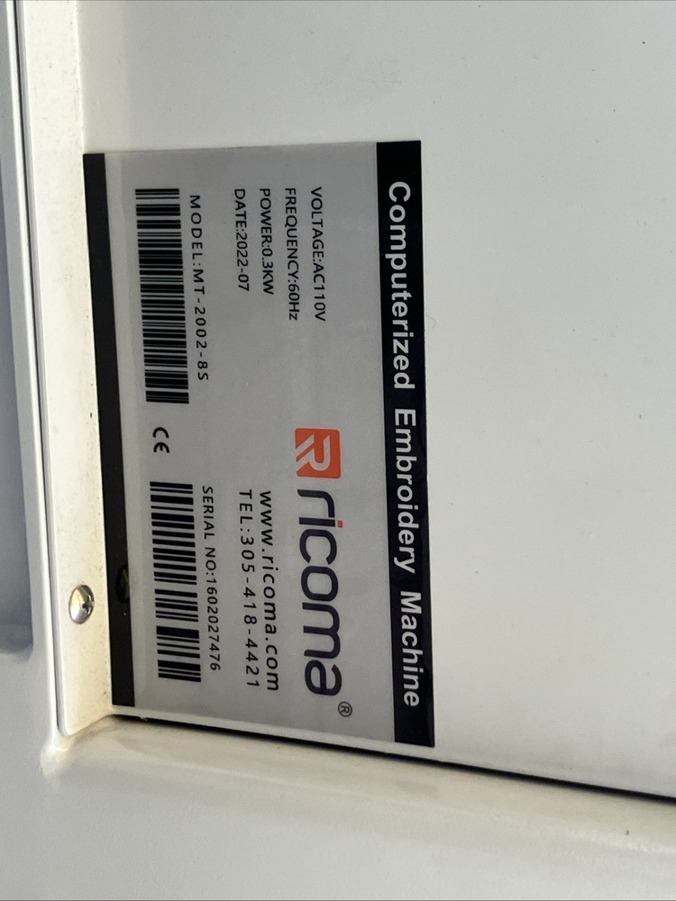 Ricoma Computerized Embroidery Machine MT-2002-8S with Accessories