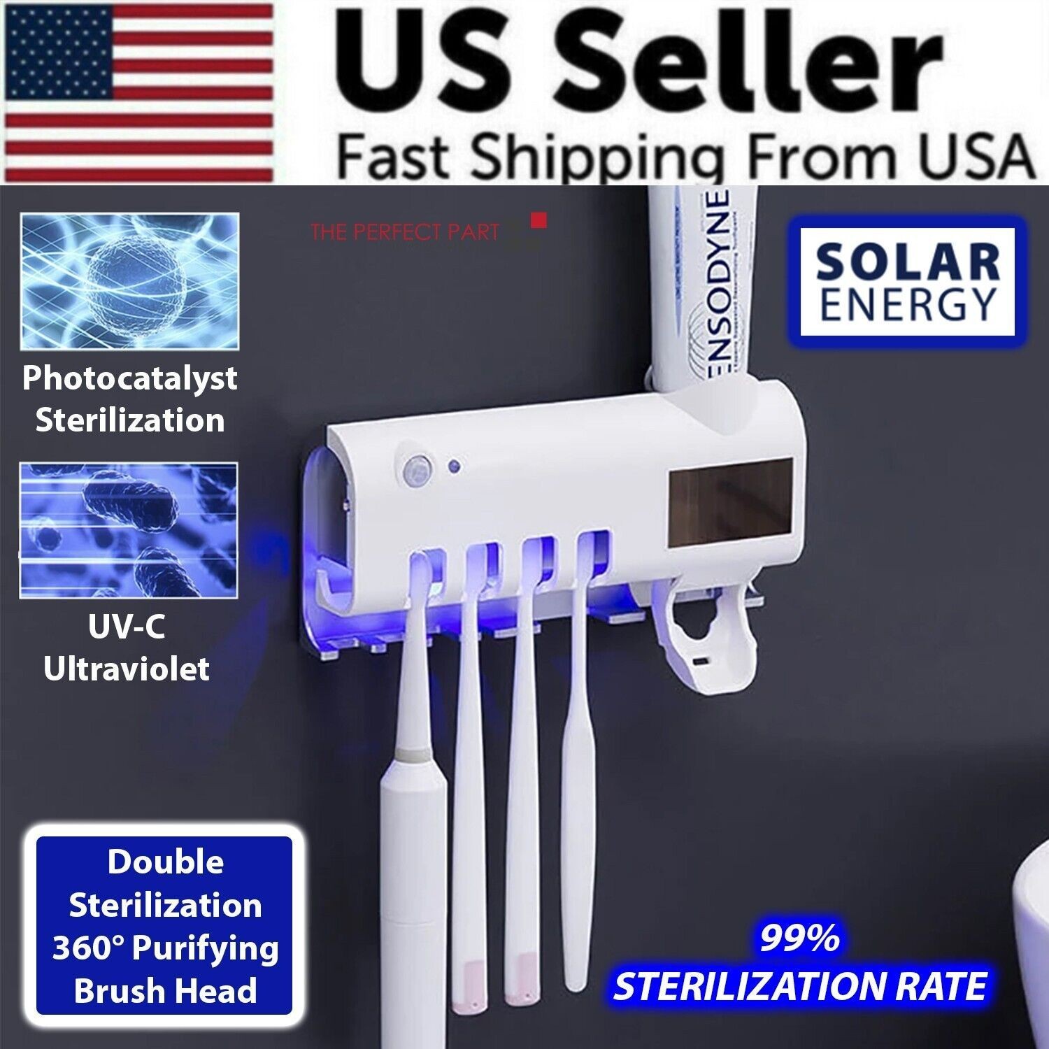 UV Toothbrush Holder Sterilizer with Auto Toothpaste Dispenser Bathroom