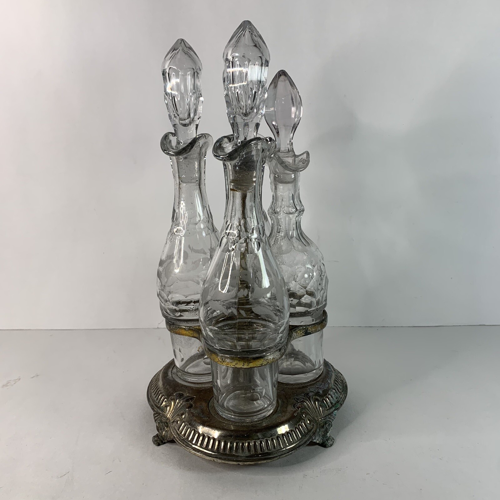 Antique Victorian Silver Plated Cruet Condiment Set Caddy Etched Glass Server