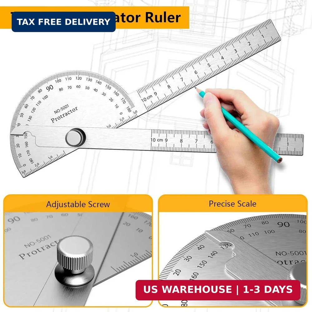180 Degree Metal Protractor Adjustable Angle Ruler 2 Arm Measuring Tool
