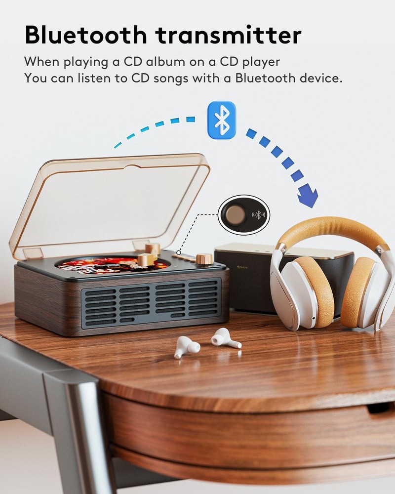 CARONSORT CD Player with Speakers Bluetooth Nostalgic Small, Walnut-Brown