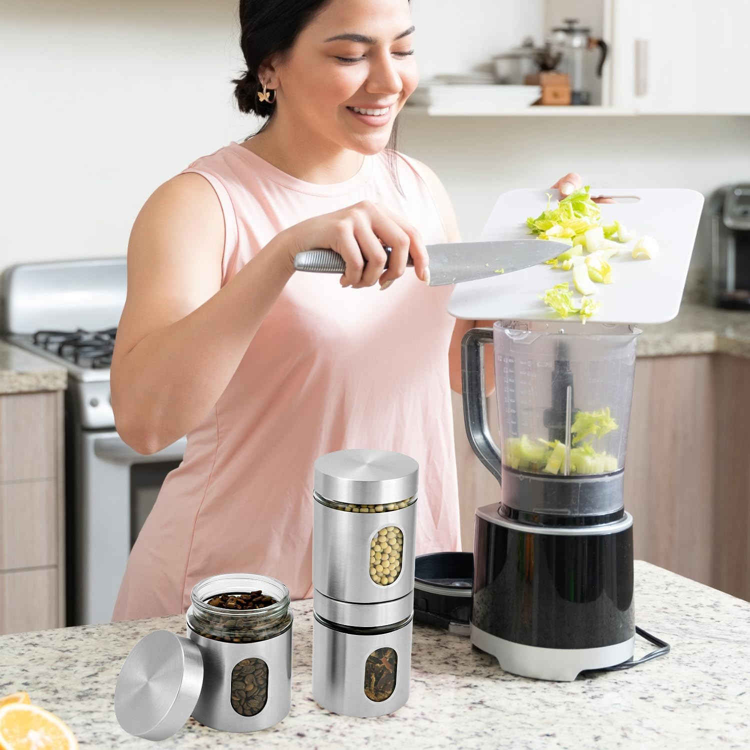 6 Pack 20 Oz Stainless Steel Glass Kitchen Canisters Set, Airtight Food Storage