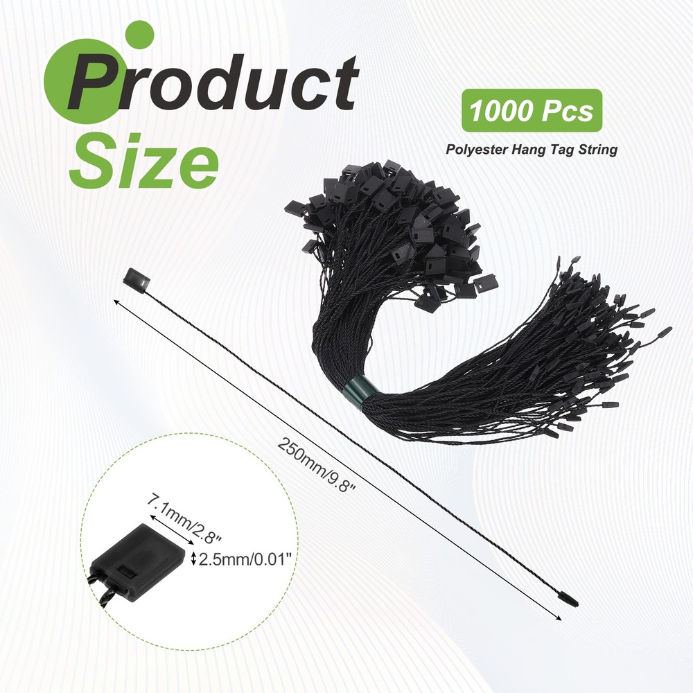1000pcs Polyester Hang Tag String (9.8") - Plastic Snap Lock Pin Loop Black