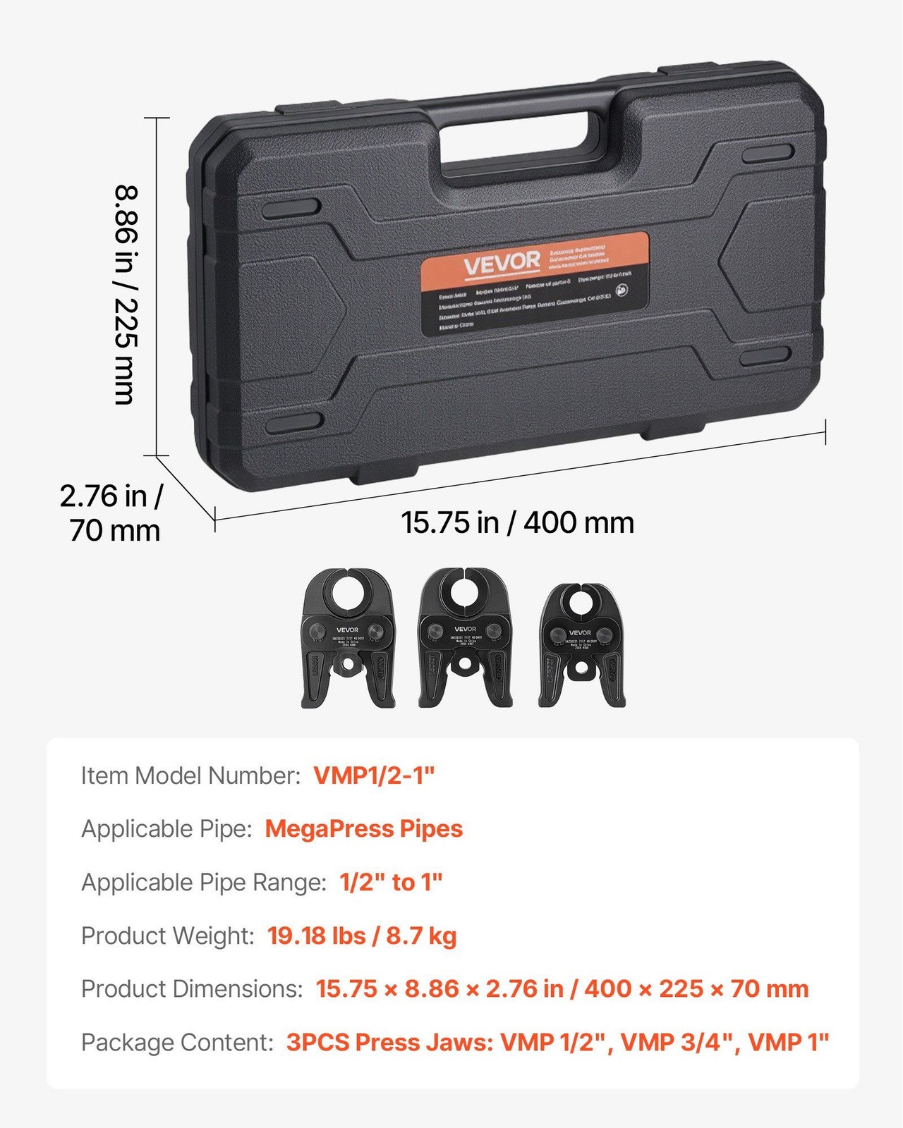 VEVOR MegaPress Jaws, 3PCS Pressing Jaws 1/2", 3/4" & 1" for MegaPress Carbon St