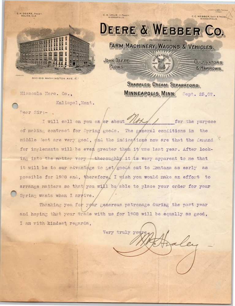 Scarce 1906 John Deere / Deere & Webber Letterhead "Order For Engine Gangs.."