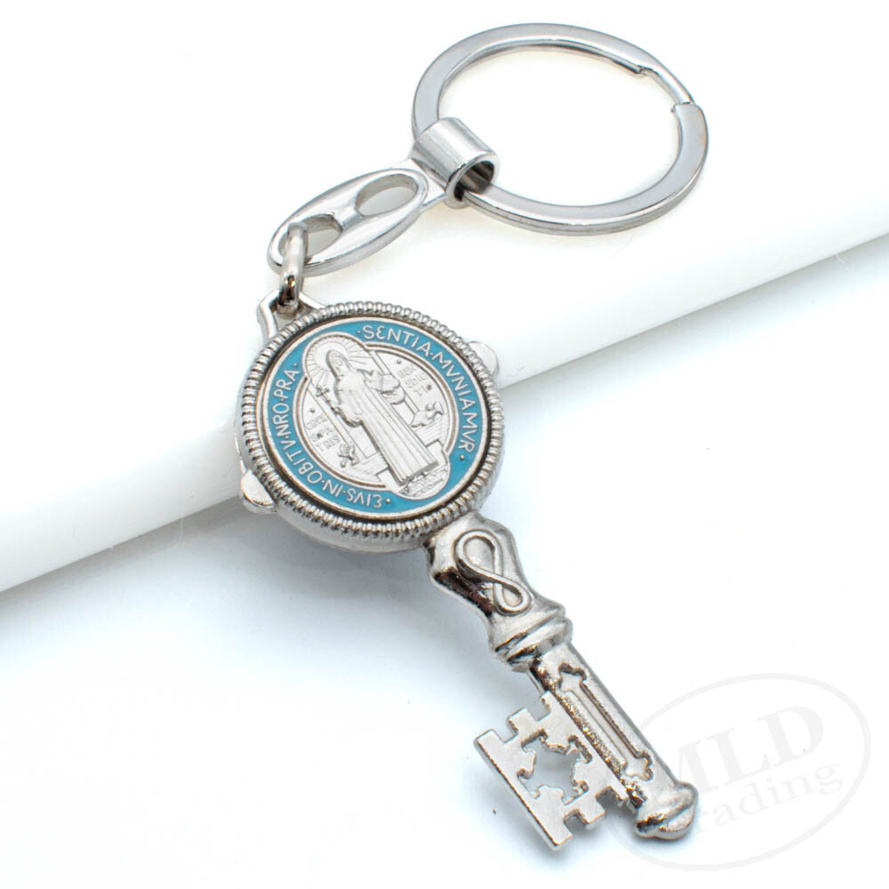 Saint St Benedict Key Shaped Medal Pendant Key Chain Silver & Blue - Religious