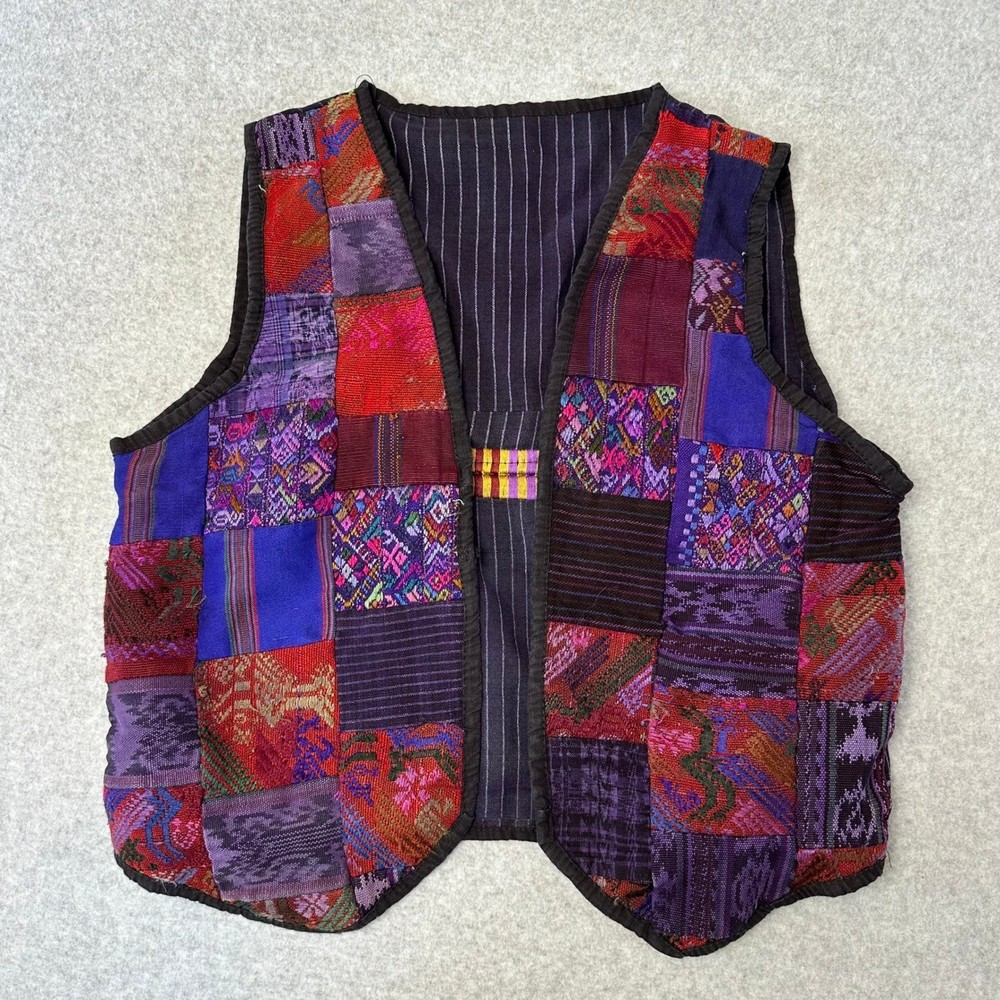 Artisan Made Patchwork Vest Guatemalan Textile Boho Pinstripe Back Multicolor