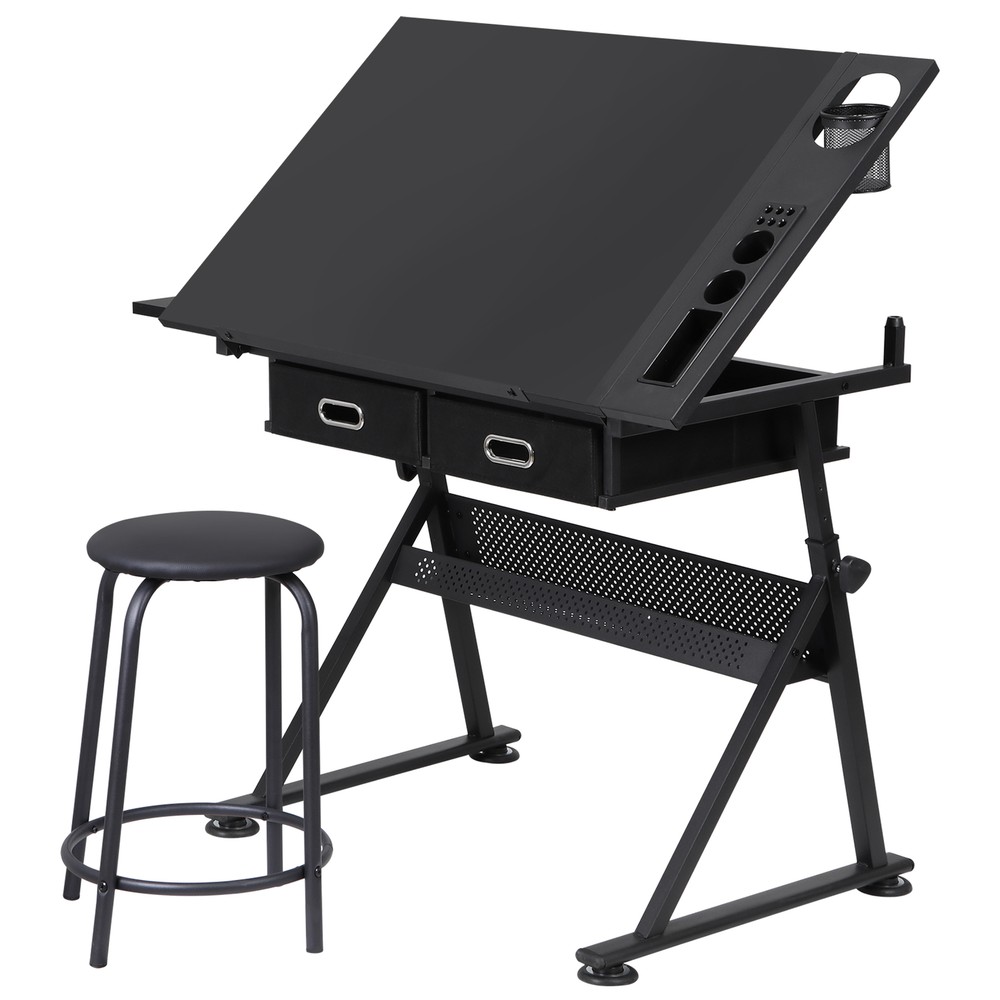 Height Adjustable Art Desk Tilting Tabletop Drafting Drawing Table w/ 2 Drawers