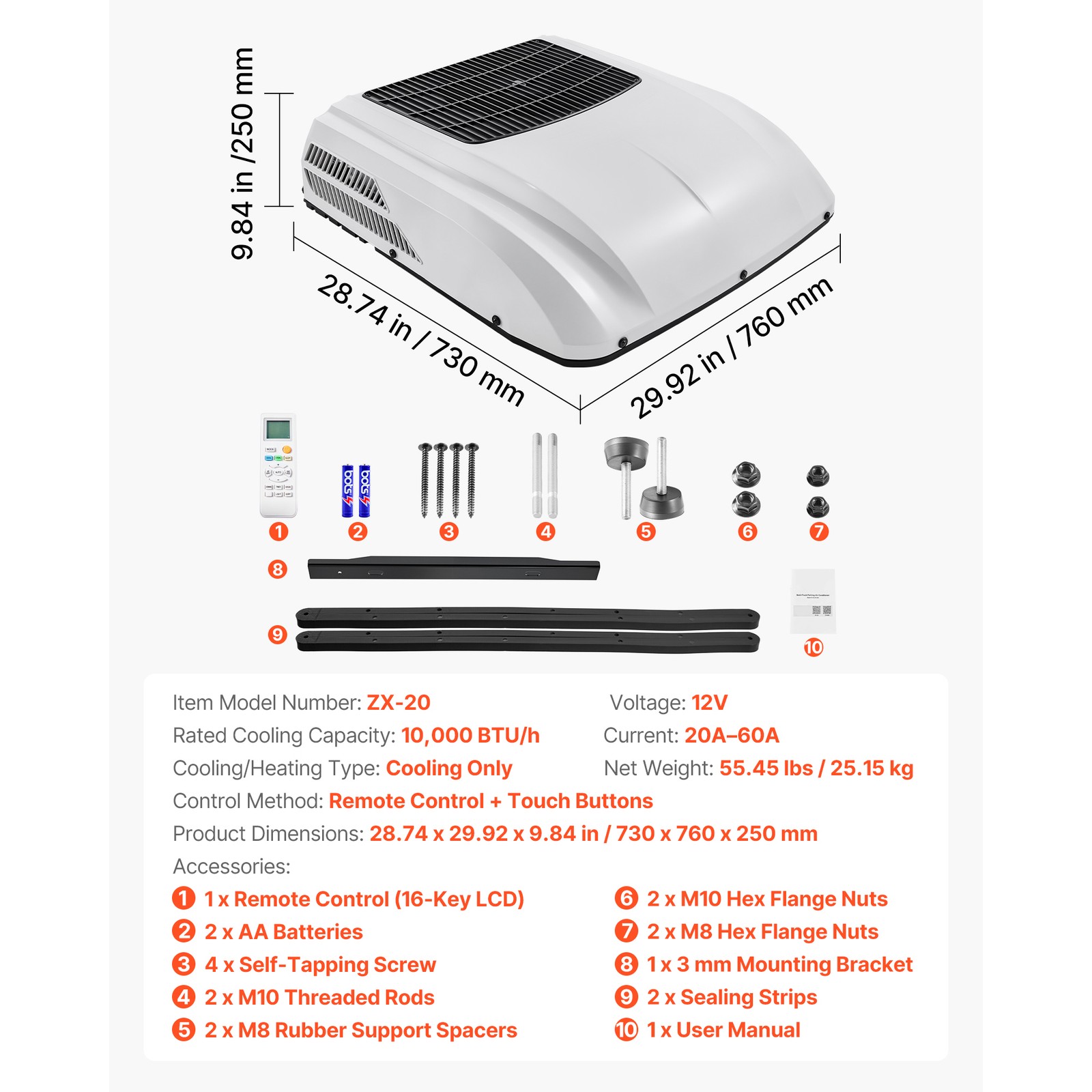 Uimoso 12V Rooftop Air Conditioner for Trucks, RVs, and Campers - 10000 BTU