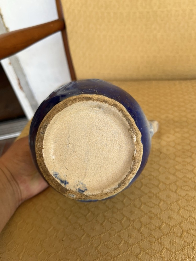 Blue Glossy Ceramic Pottery Pitcher with Handle and Spout, Solid Round Shape