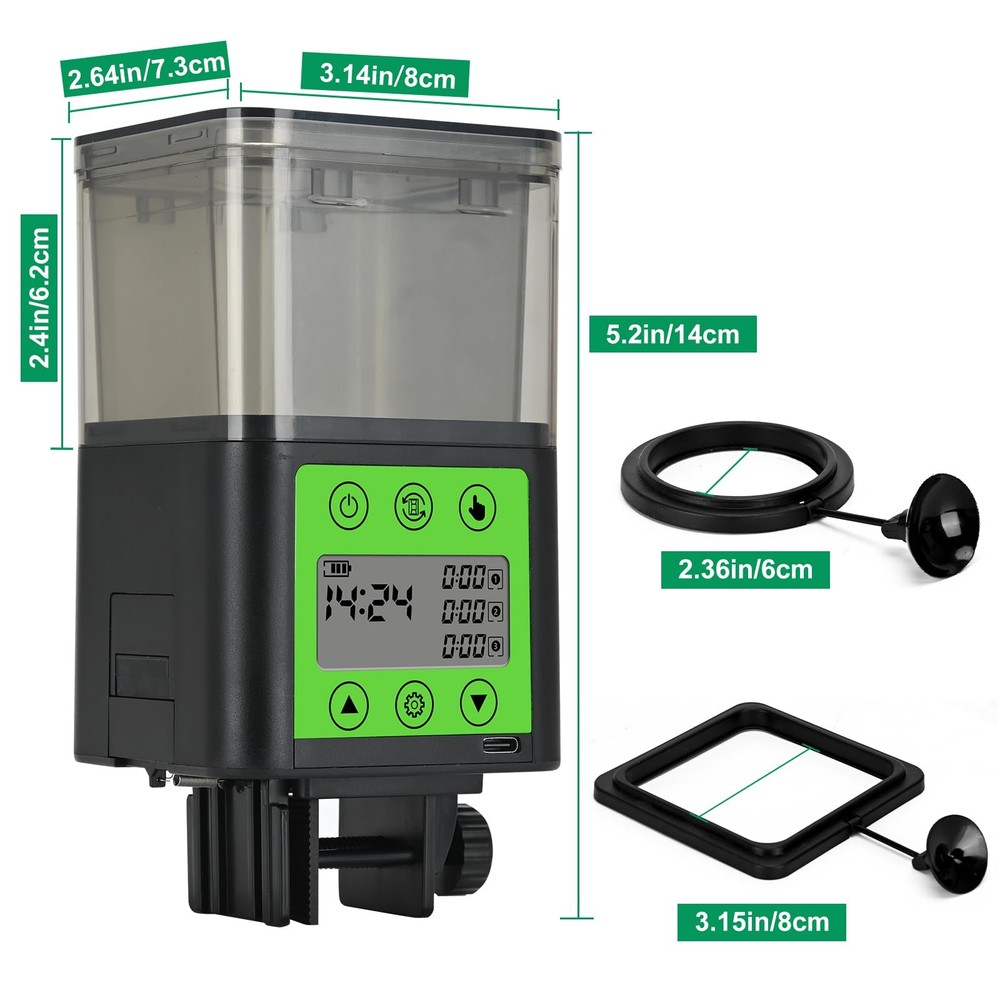 Lychee Automatic Fish Feeder - USB Rechargeable 320ML Large 320ml, Black