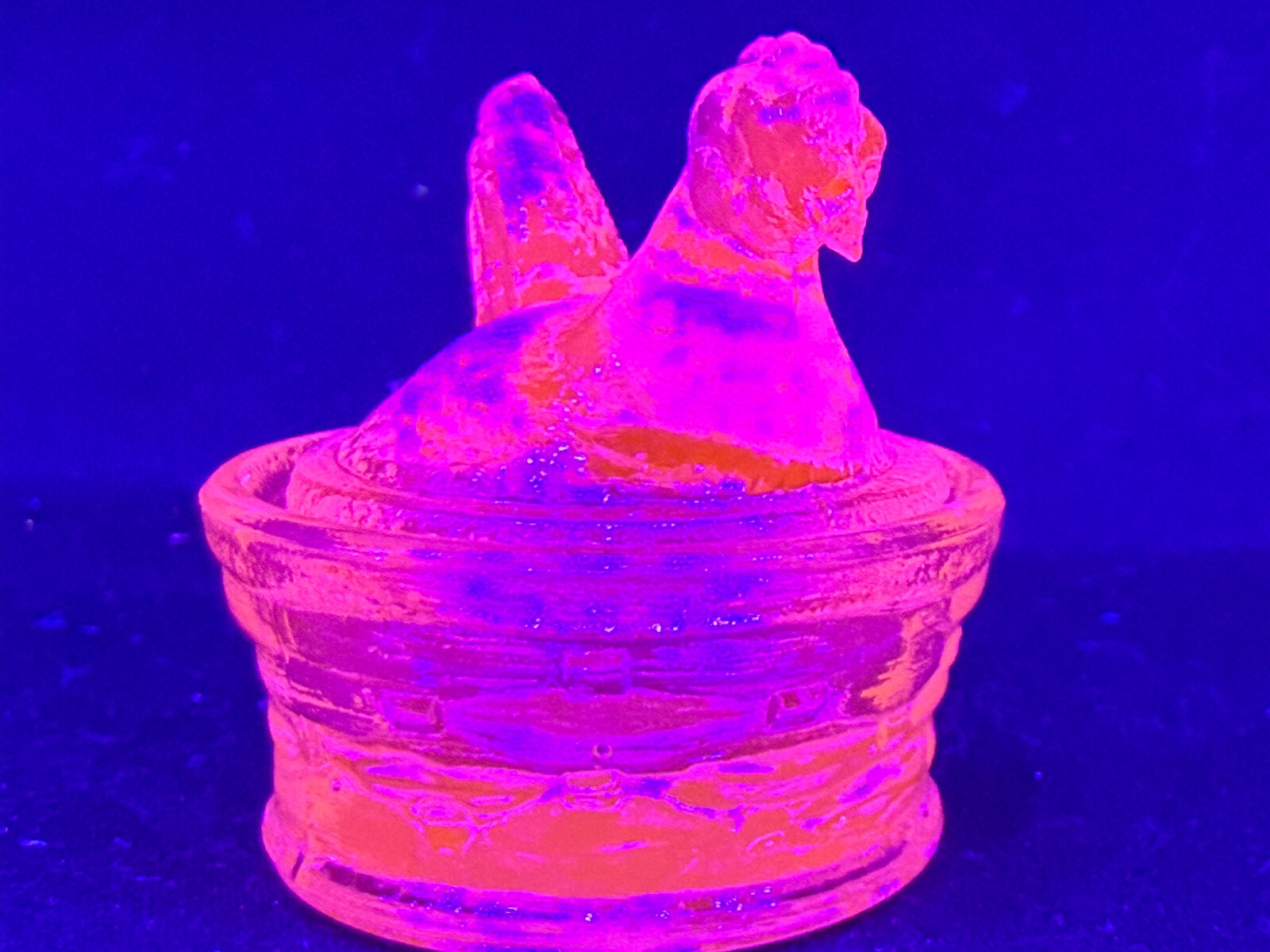 Blue Vaseline uranium glass Hen Chicken on nest basket eggs / salt cellar orange