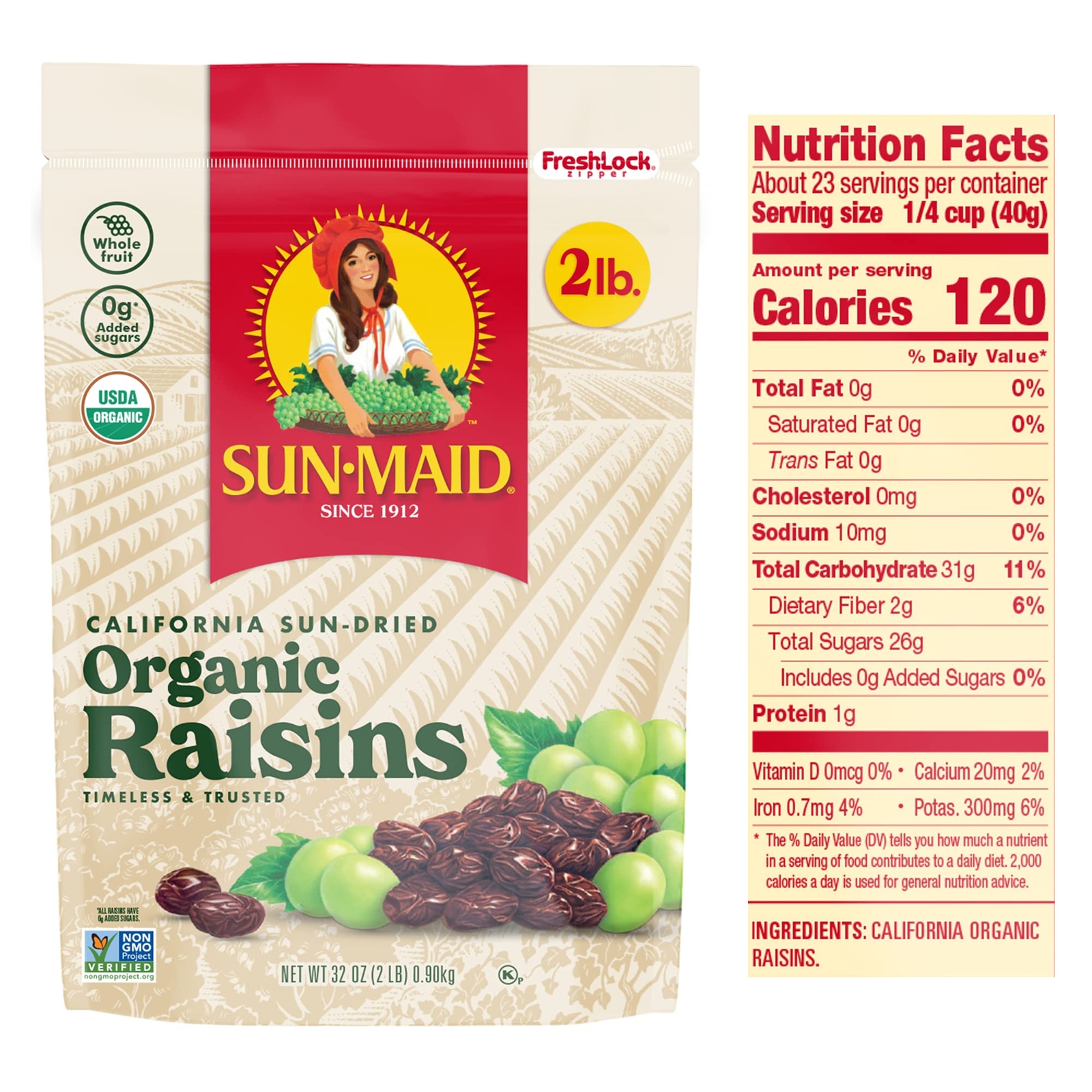 Sun-Maid | Organic Califorina Raisins | 32 Ounce Resealable Bag (Pack Of 2) - 64