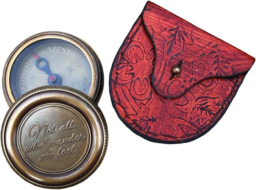 Maritime Treasures Brass Pocket Compass with Leather Case Engraved Design