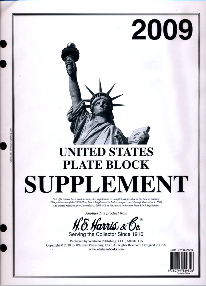 H E Harris US PLATE BLOCK Supplement for Stamp issued in 2009