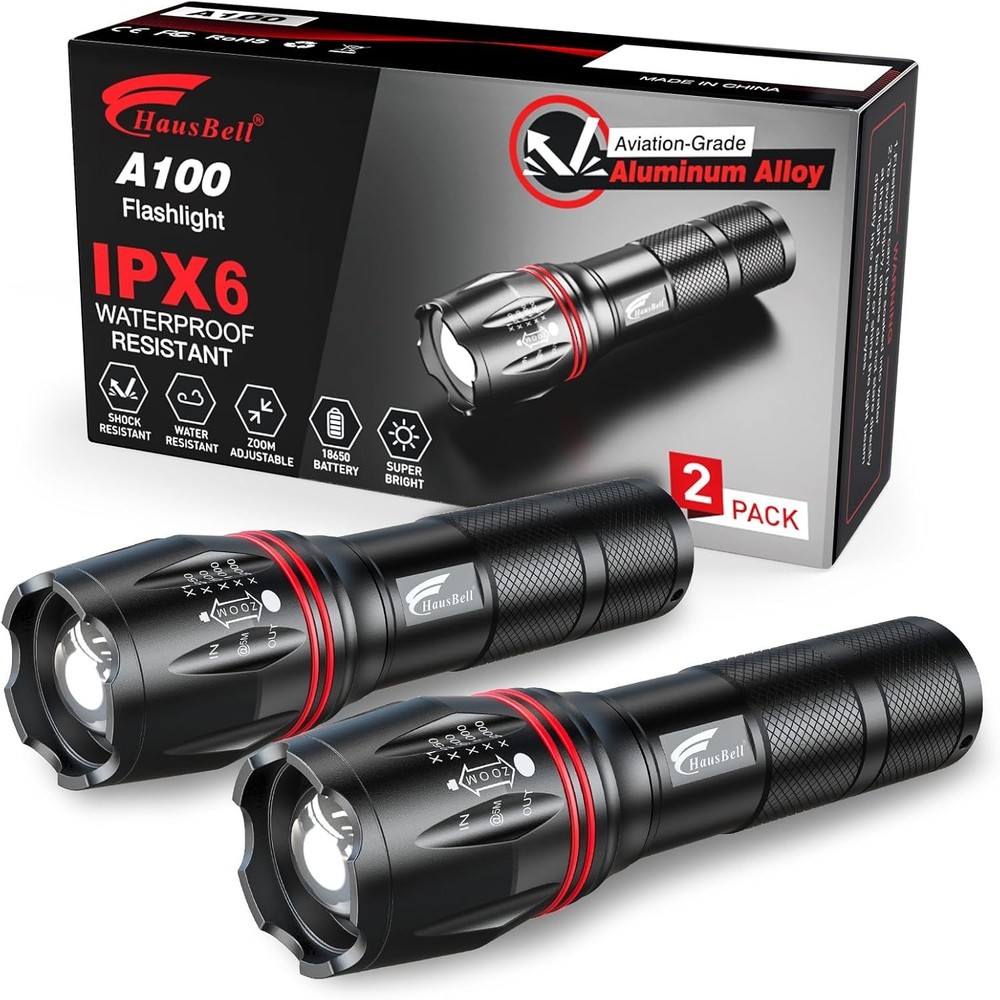 2 LED Flashlights Tactical Super Bright Zoomable Waterproof 5 Modes Torch Work