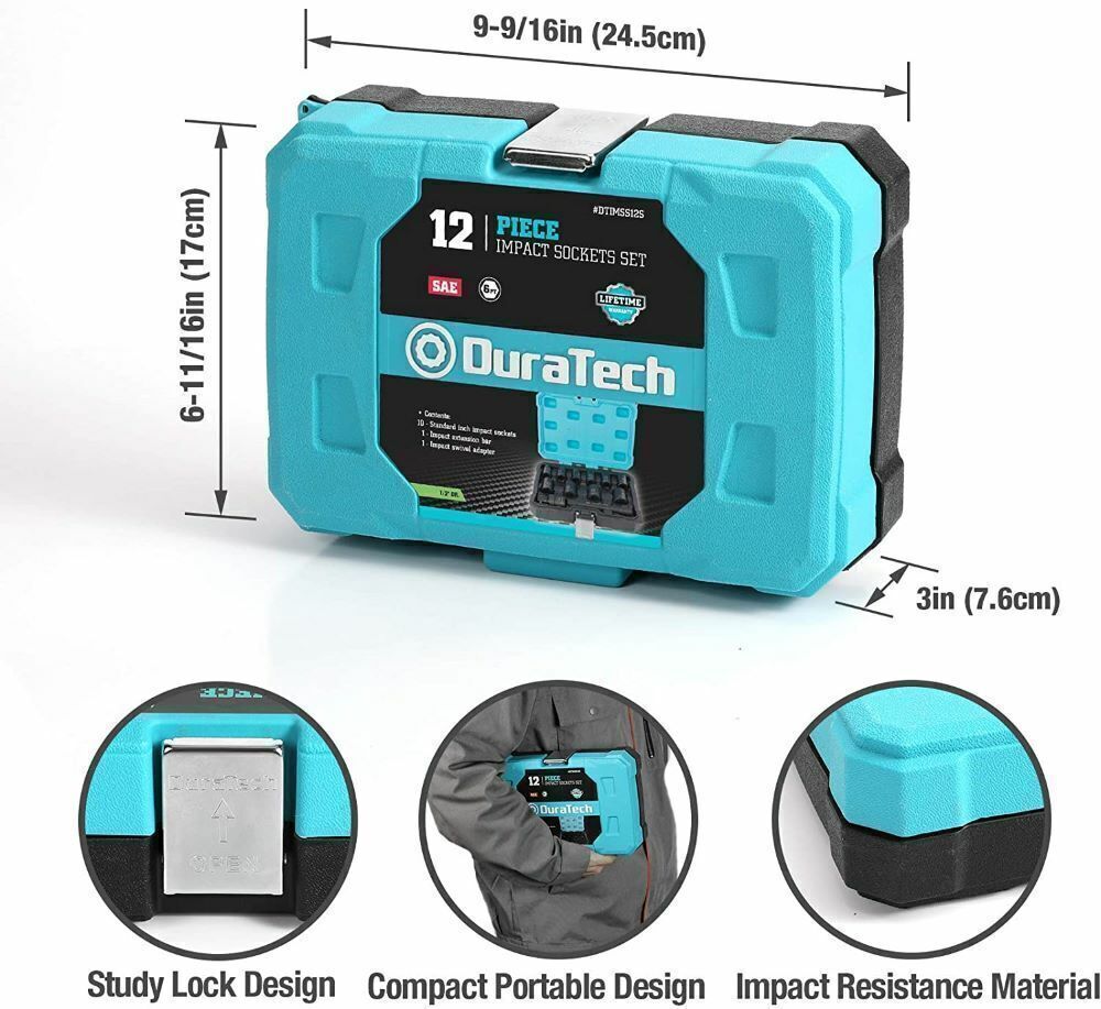 DURATECH 1/2" Dr Impact Socket Set 12PC SAE Sockets Swivel Adapter Extension Bar