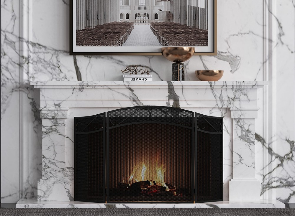 Fire Beauty Foldable Fireplace Screen 3 Panel Wrought Iron with Spark Guard ...