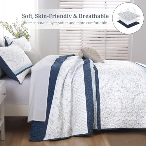 Striped Quilt Set Size Boho Striped Patchwork Leaves Printed Queen Navy Blue