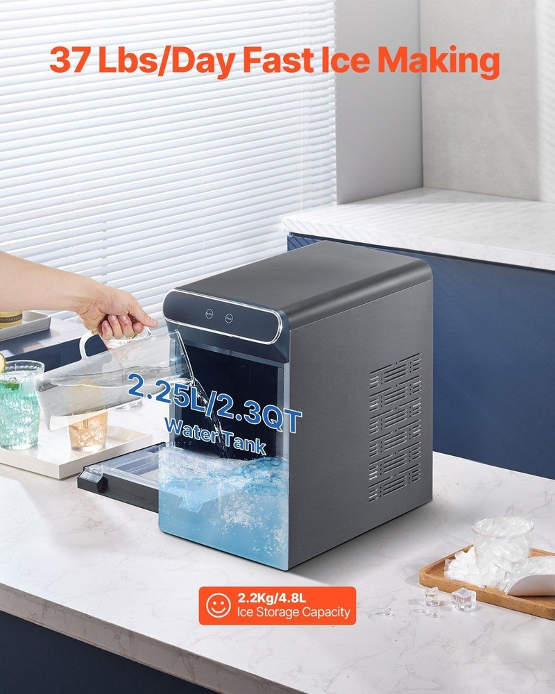 Stainless Nugget Ice Maker – 37lb/Day, Self-Cleaning, Quiet 55dB