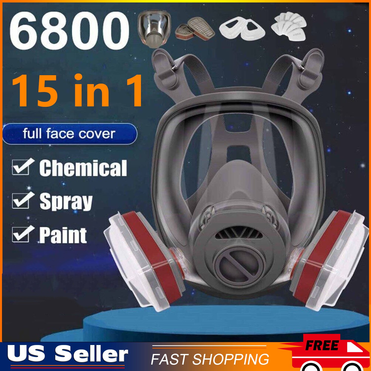 15 IN 1 Gas Mask Full Face Respirator Paint Spray Chemical Facepiece Safety 6800