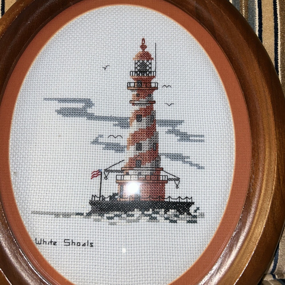 Vtg White Shoal Candy Cane Lighthouse Mi. Framed Matted Needlepoint Oval Canvas