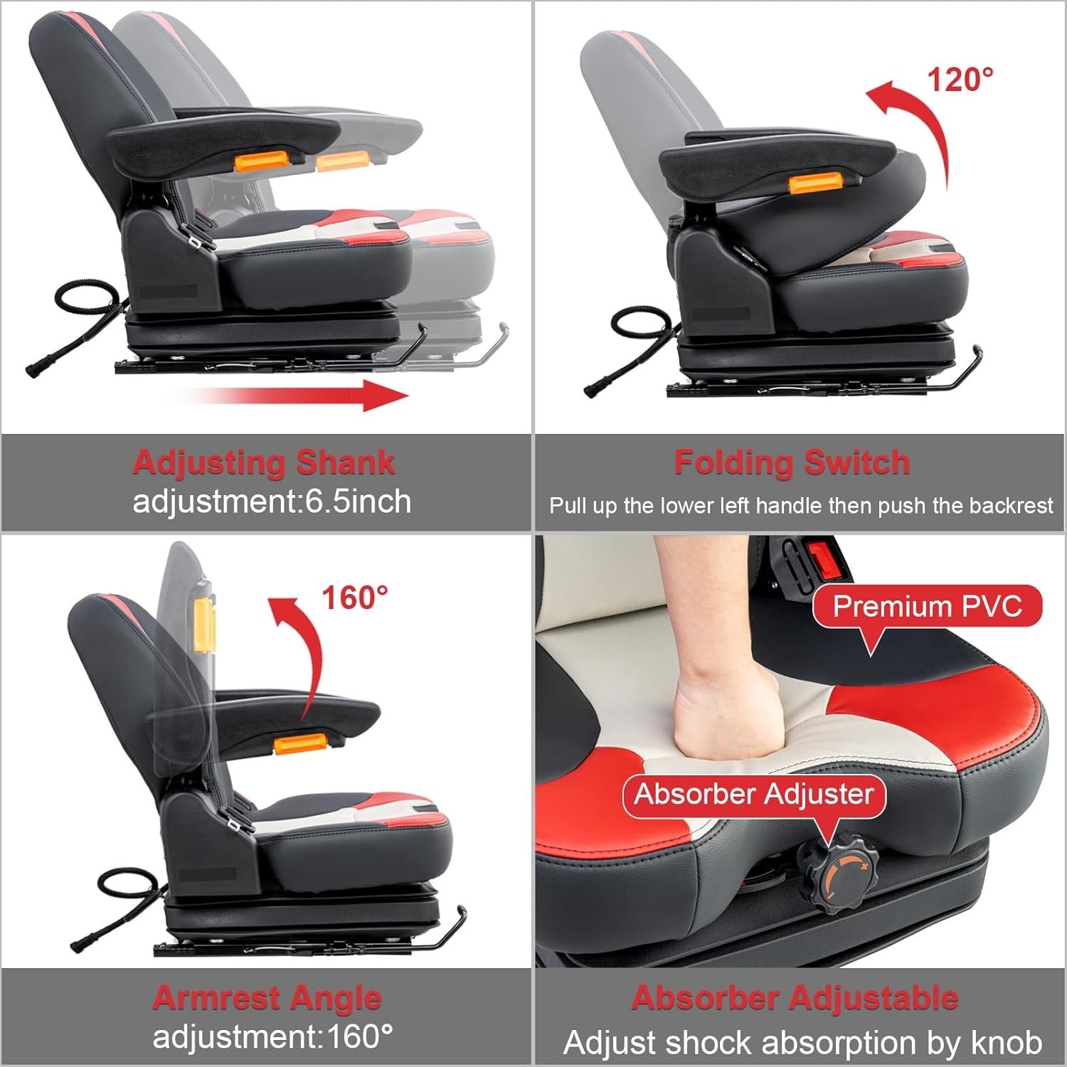 Universal Tractor Seat Highback Low Suspension w/Adjustable Backrest Slide Rails