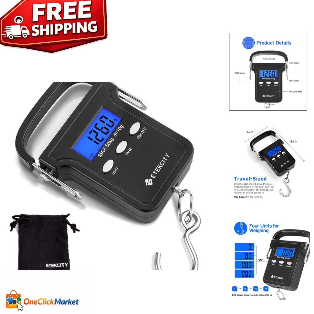Digital Hanging Hook Scale - Maximum 110lb Capacity with LCD Display & Batteries