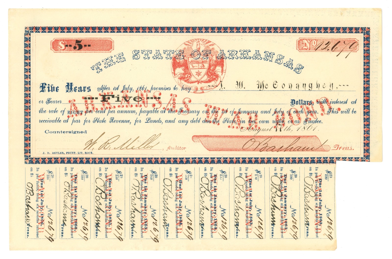 1862 State of Arkansas $5 War Bond CR-61J1 8% Coupon Bond (65239OZ)