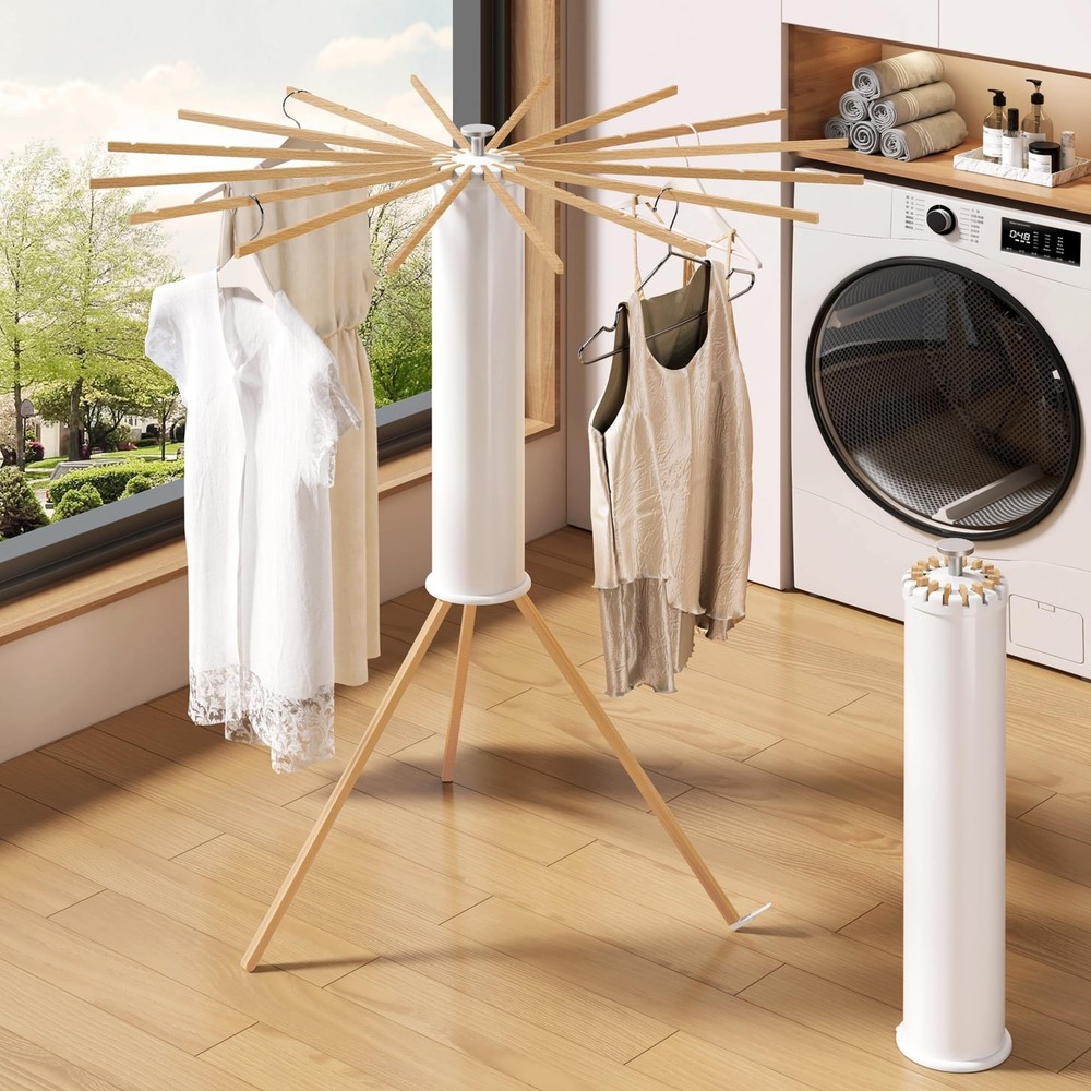 Foldable Tripod Clothes Drying Rack,Beechwood & Portable Laundry Stand, Space...