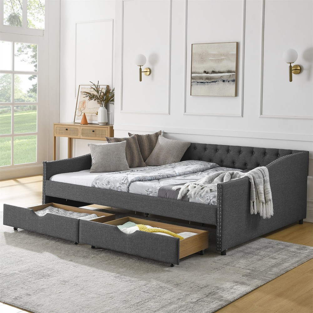 Queen Size Daybed w/ 2 Storage Drawers Upholstered Bed Frame Sofa Bed US