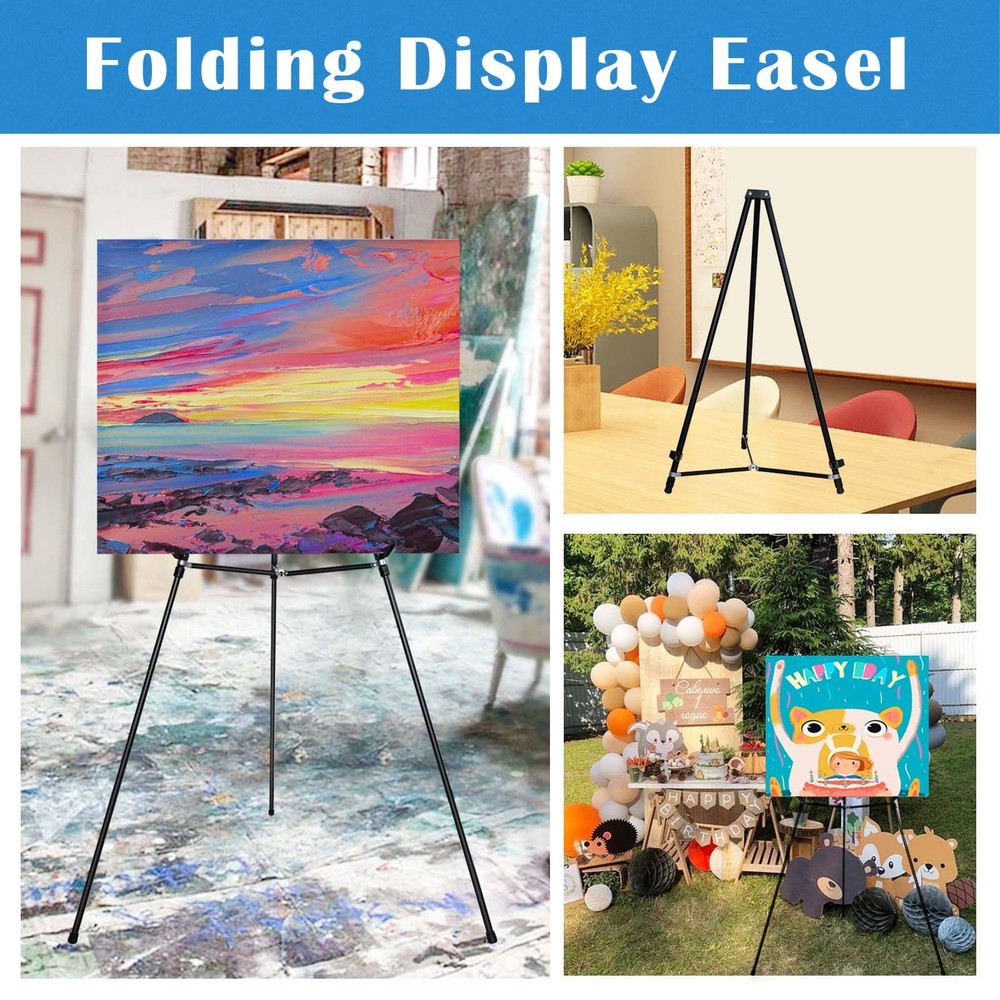 63" High Black Aluminum Display Easel Stand, Large Adjustable Height Presenta...