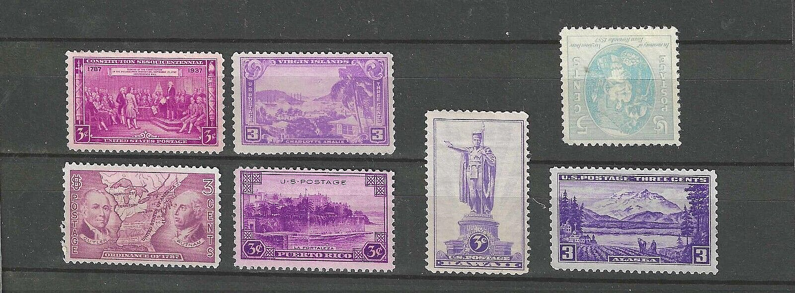 1937 Complete US Commemorative Stamp Year Set SC# 795-96, 798-802 MNH