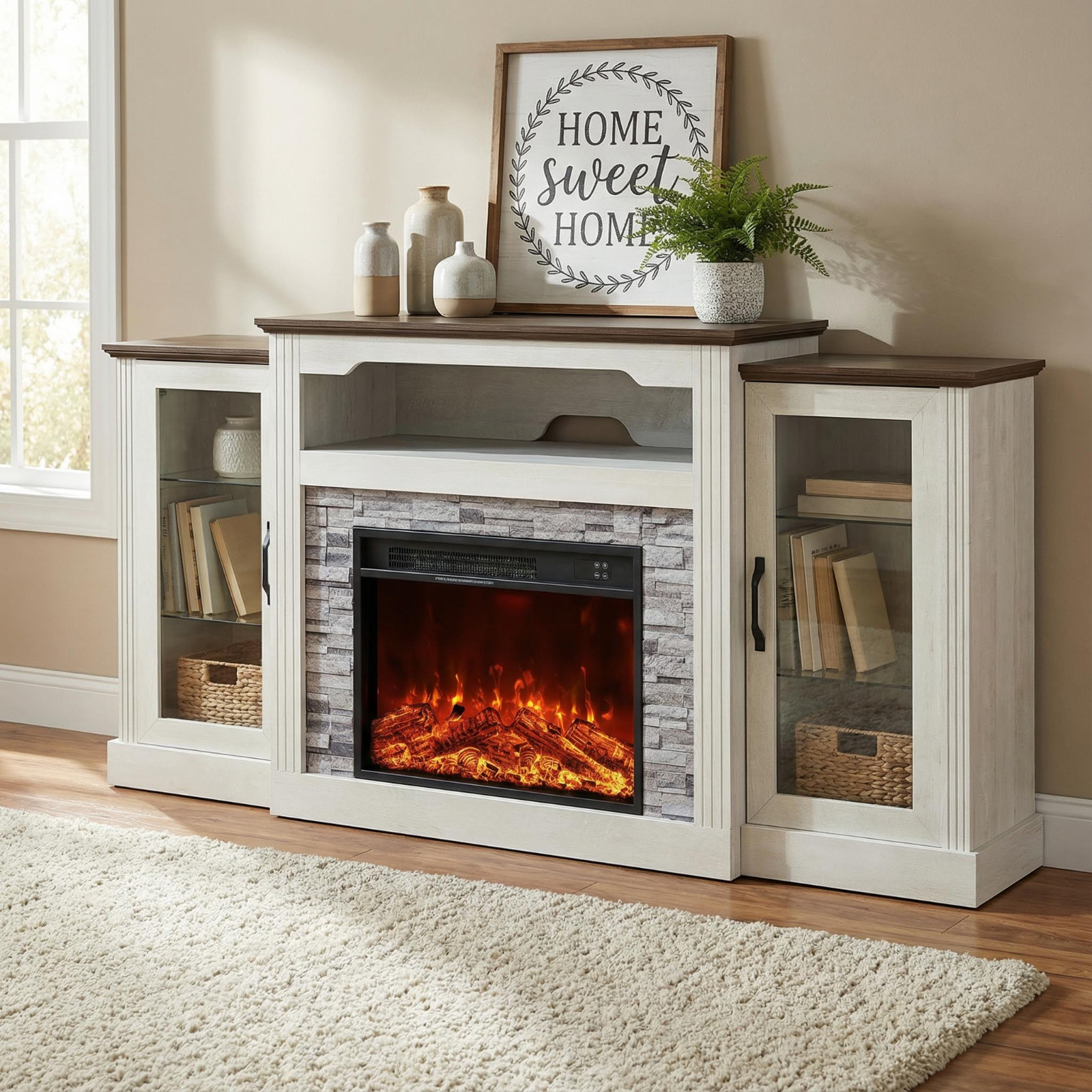 70” White Electric Fireplace TV Stand Glass Door Storage Cabinet for 65–75” TV