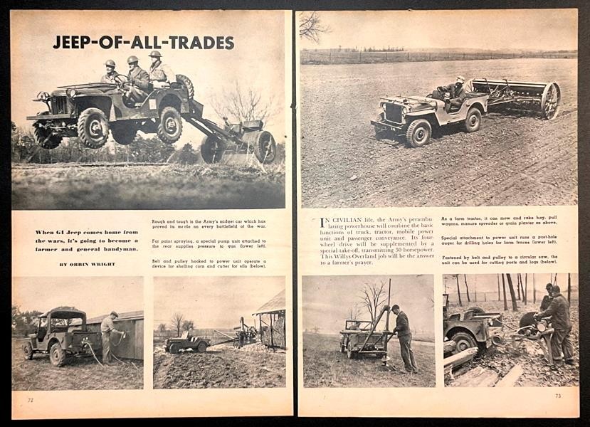 “Jeep-Of-All-Trades” 1945 pictorial Willys-Overland post war Jeep Farm workhorse