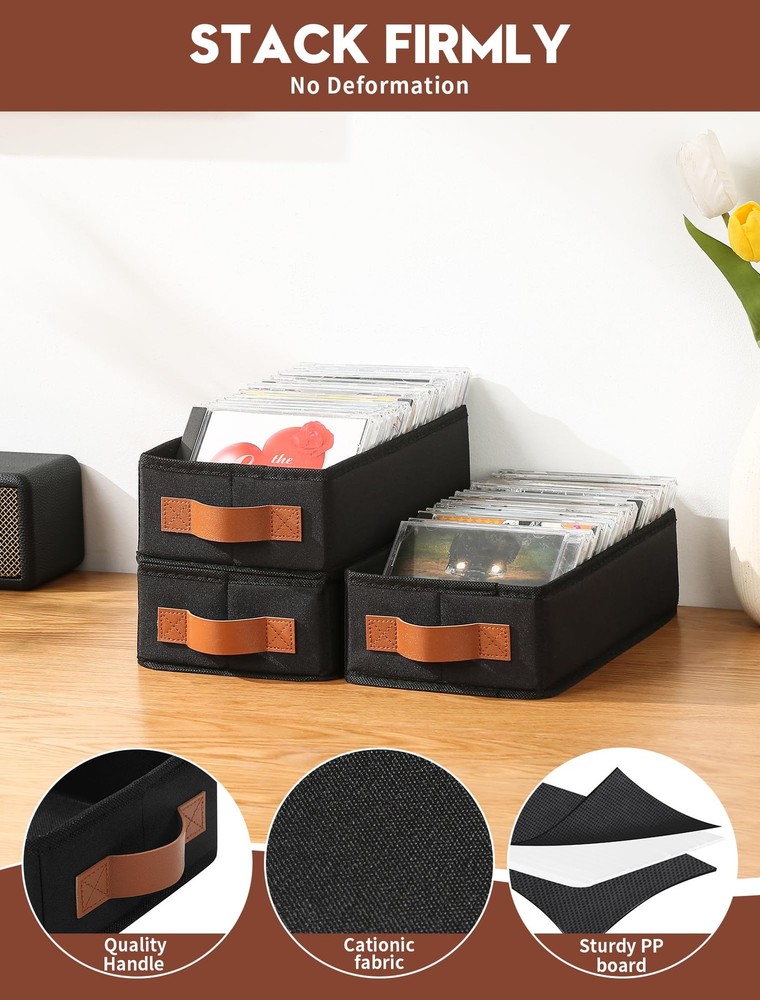 CD Storage Boxes 6 Pack Holder for 120 Jewel Cases, Foldable Design, Black