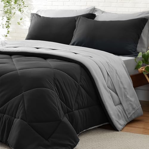 Comforter Set 7 Pieces Bed in A Bag - Soft Microfiber Reversible Queen Black