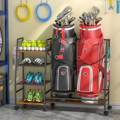 Golf Bag Storage Rack for Garage with Wheels, Organizer for Golf Bag and 2 bags